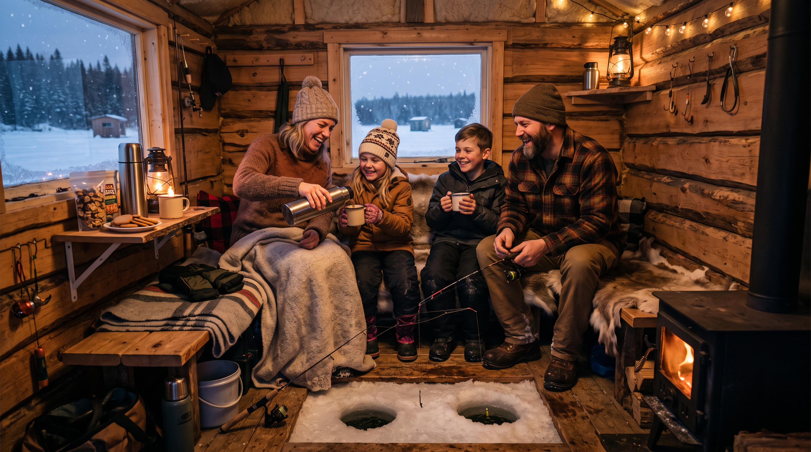 Cozy ice fishing hut interior with family