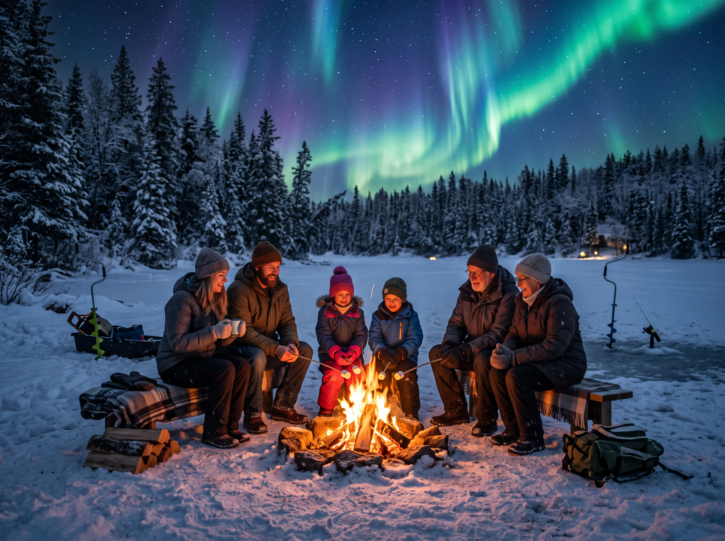 Family campfire after ice fishing
