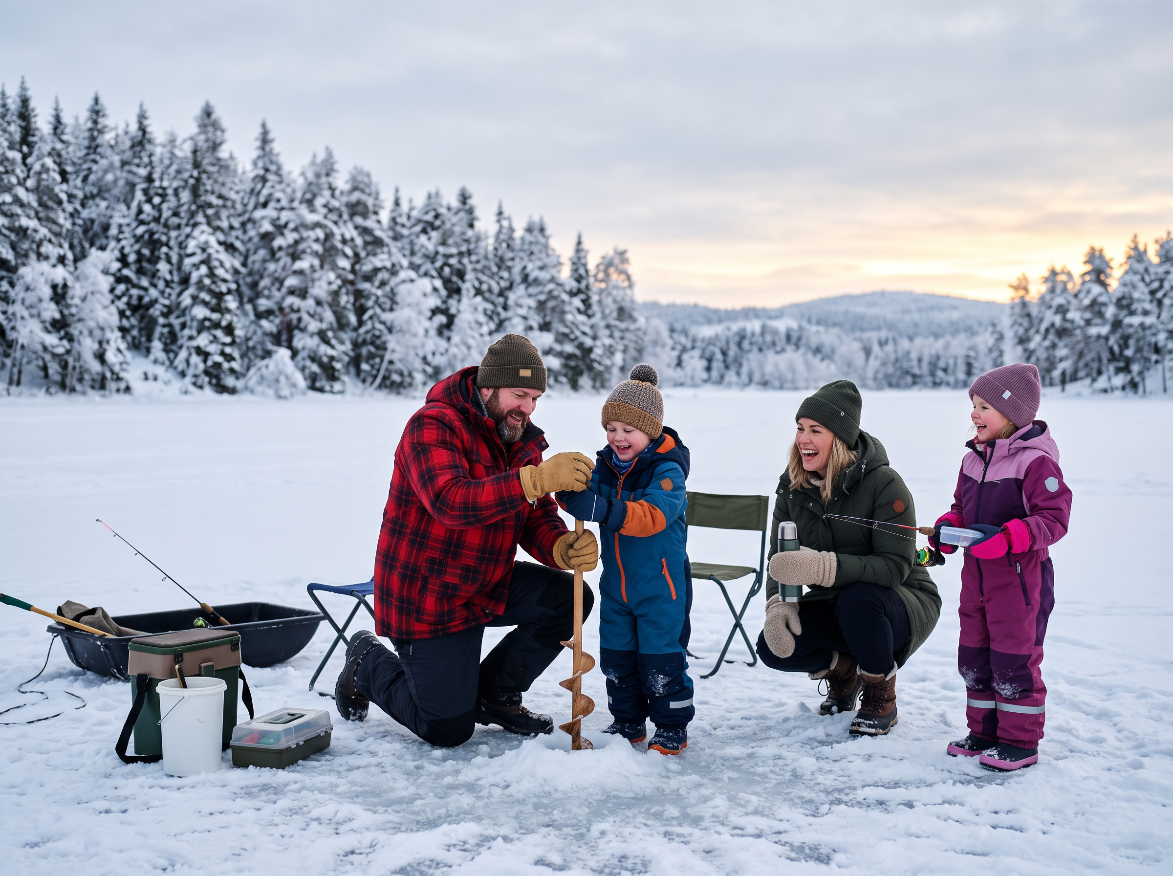 Family learning to drill ice holes with guide