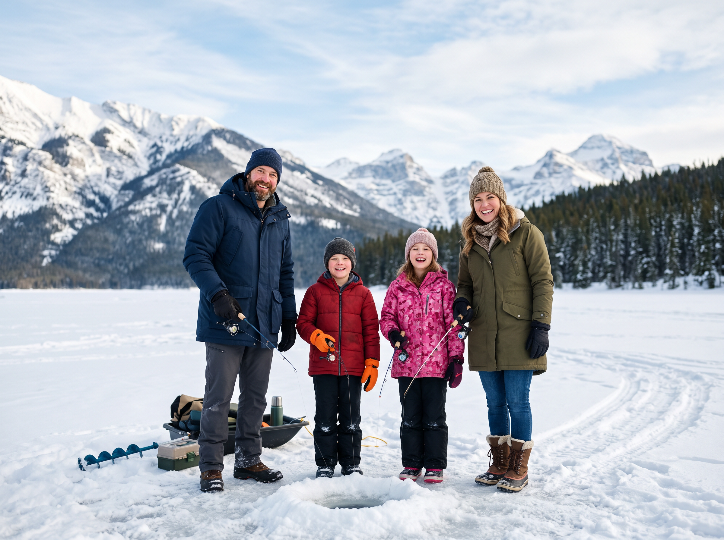 Happy family on ice fishing trip