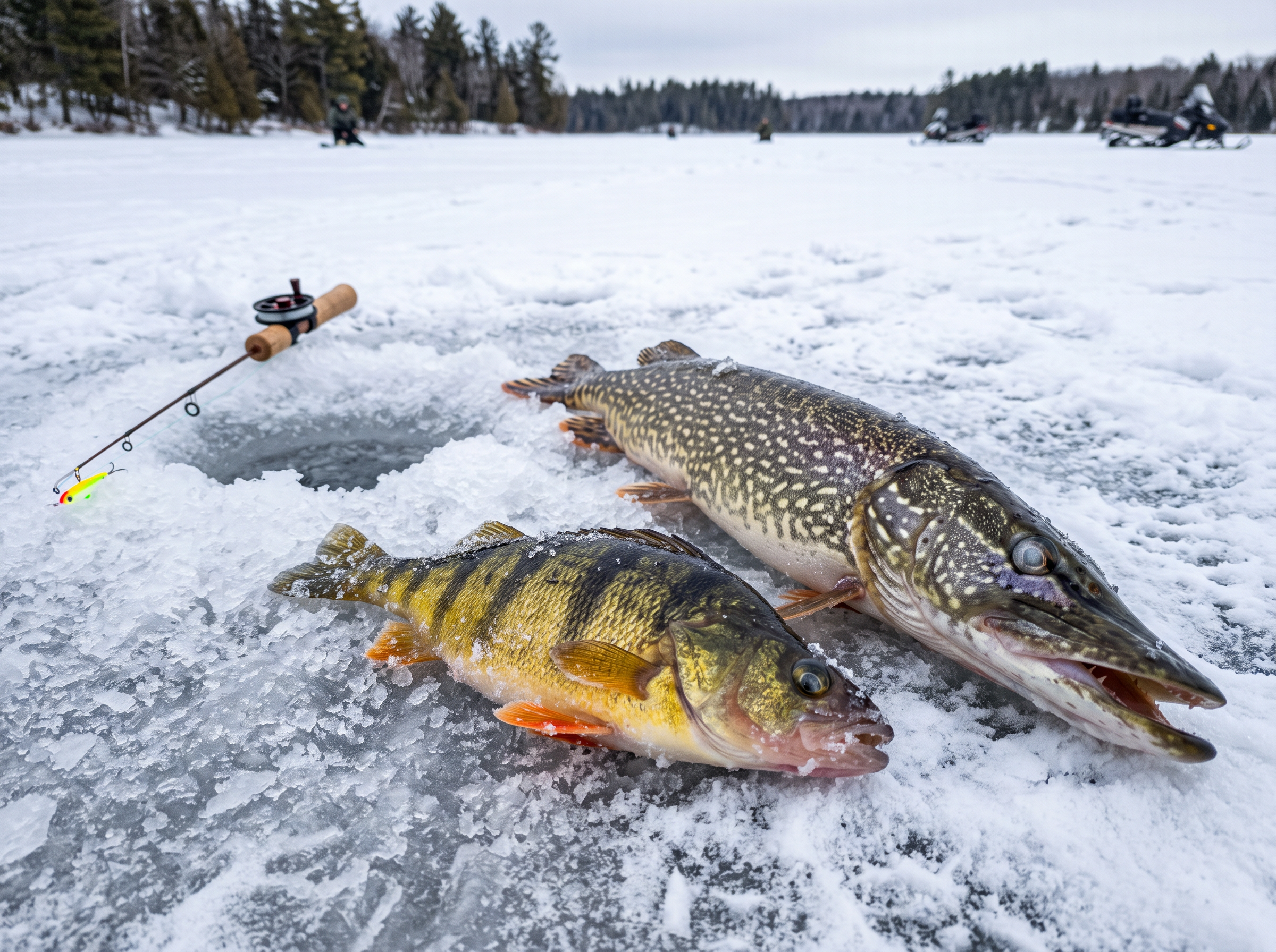 Fresh perch and pike caught during ice fishing trip