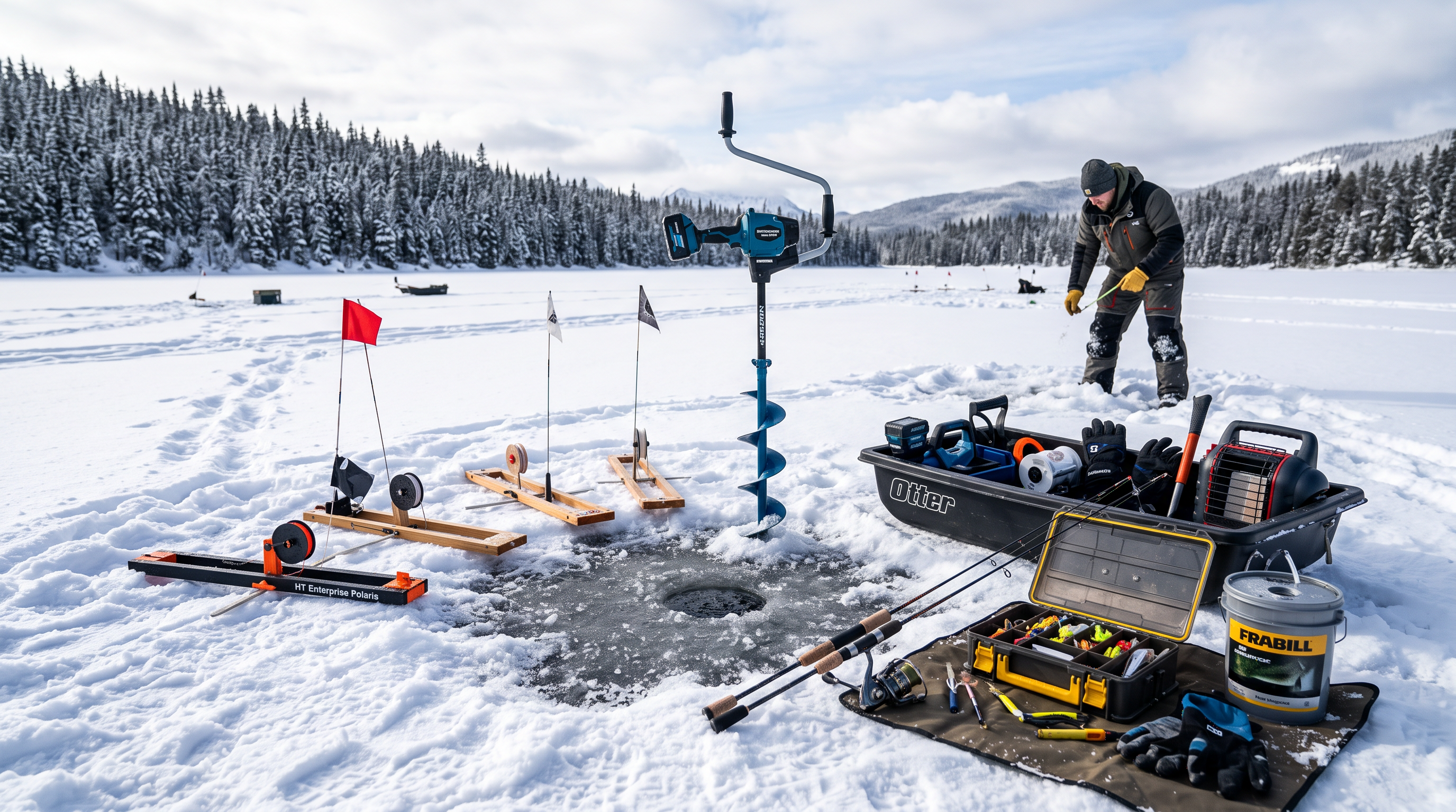 Premium ice fishing equipment laid out on ice