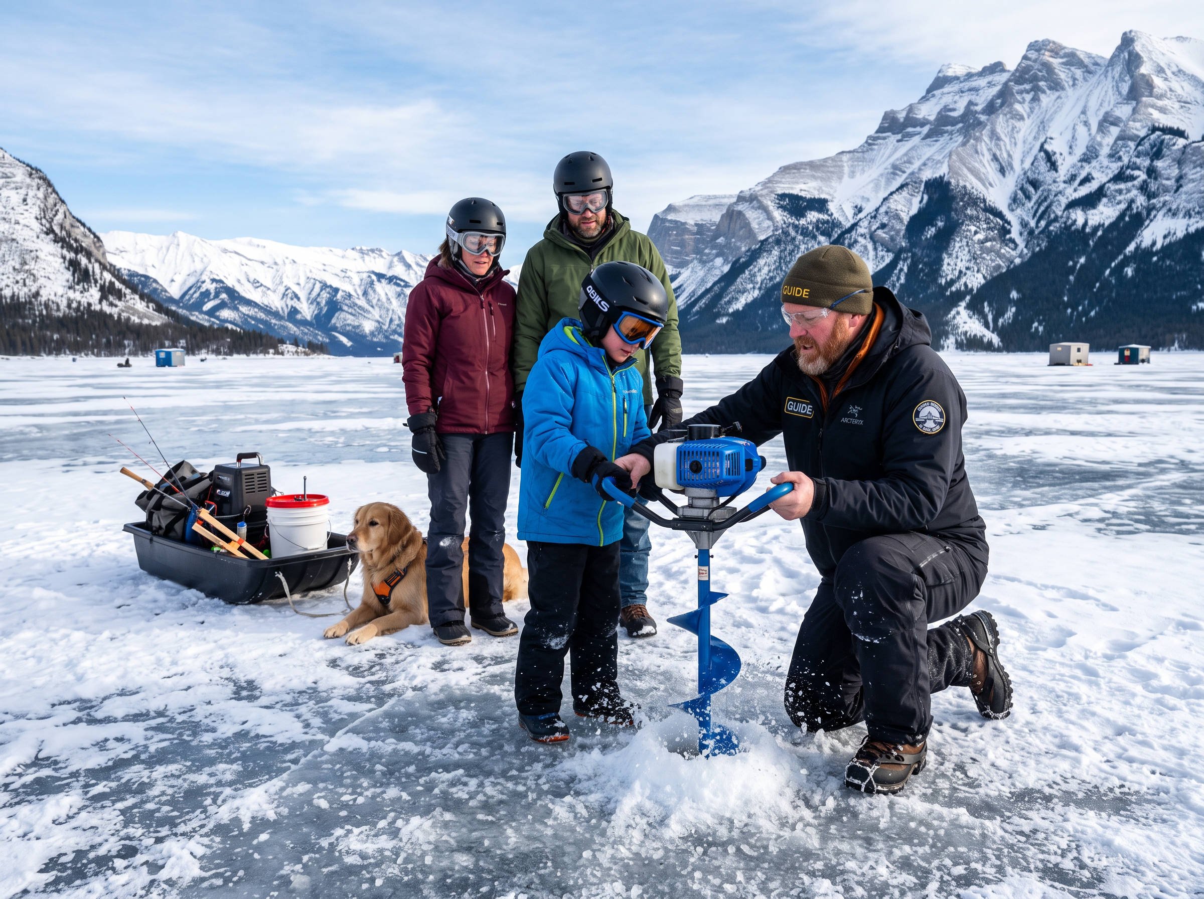 Professional ice fishing guide with family on frozen lake