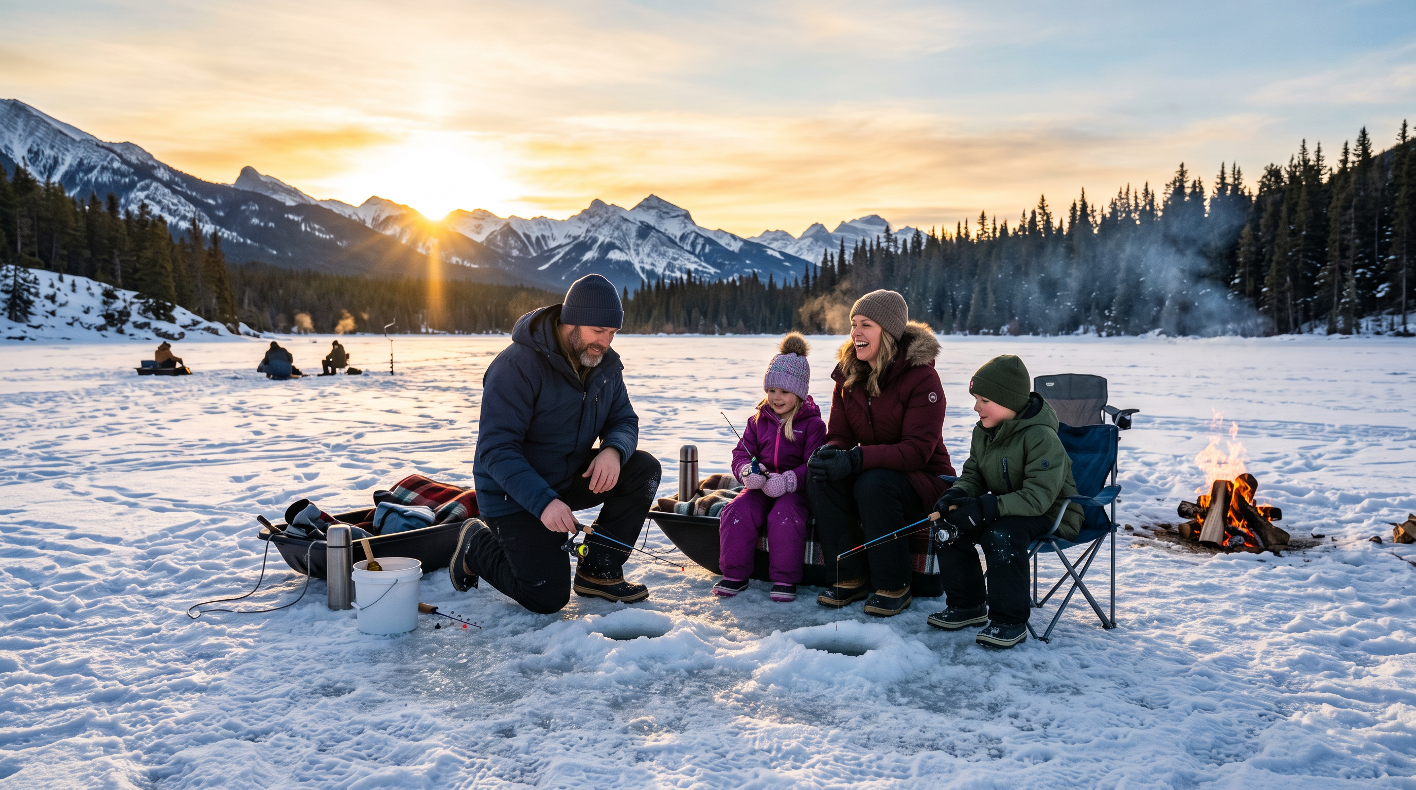 Family ice fishing at sunrise on a frozen lake