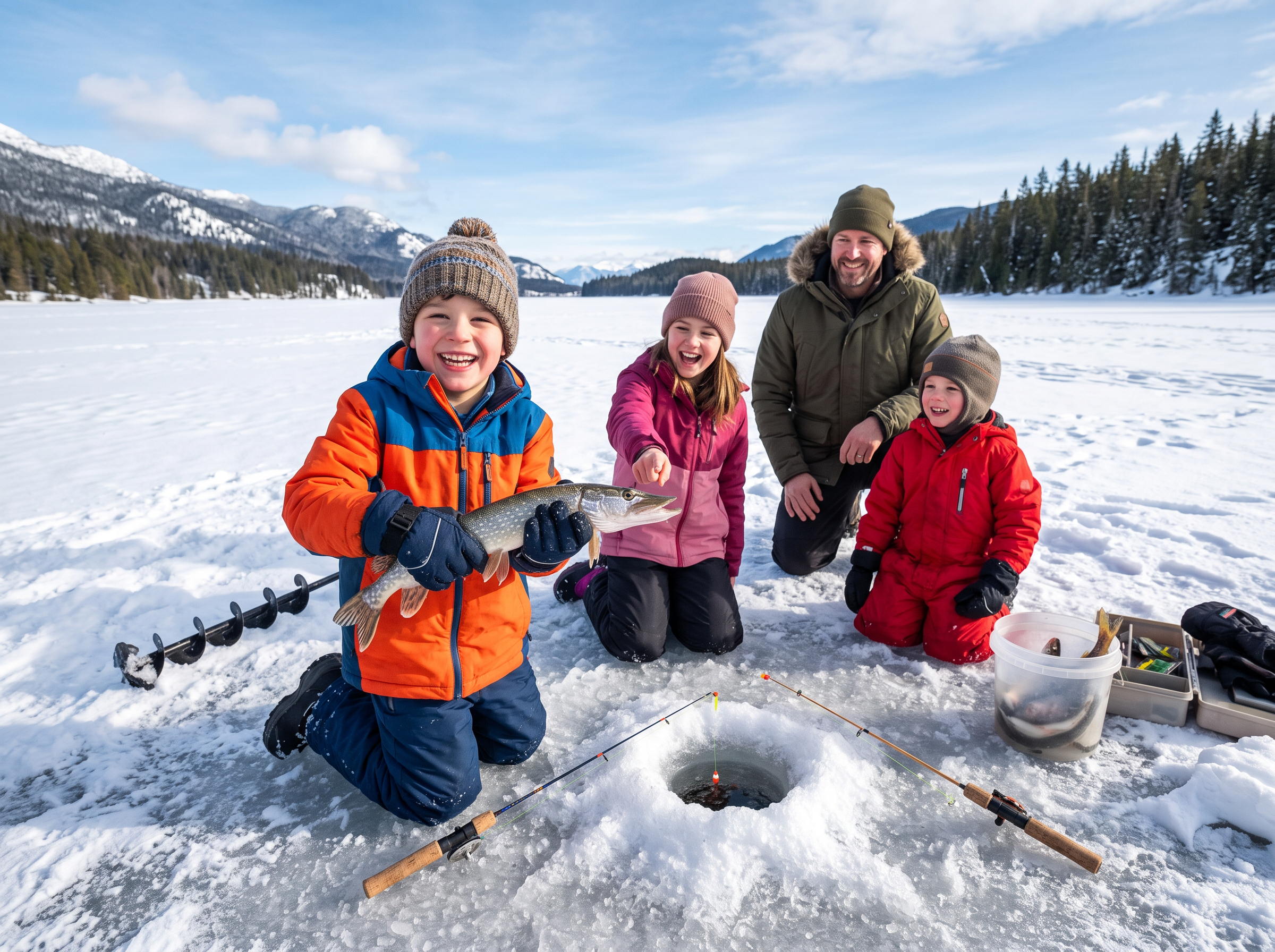 Happy children showing their ice fishing catch