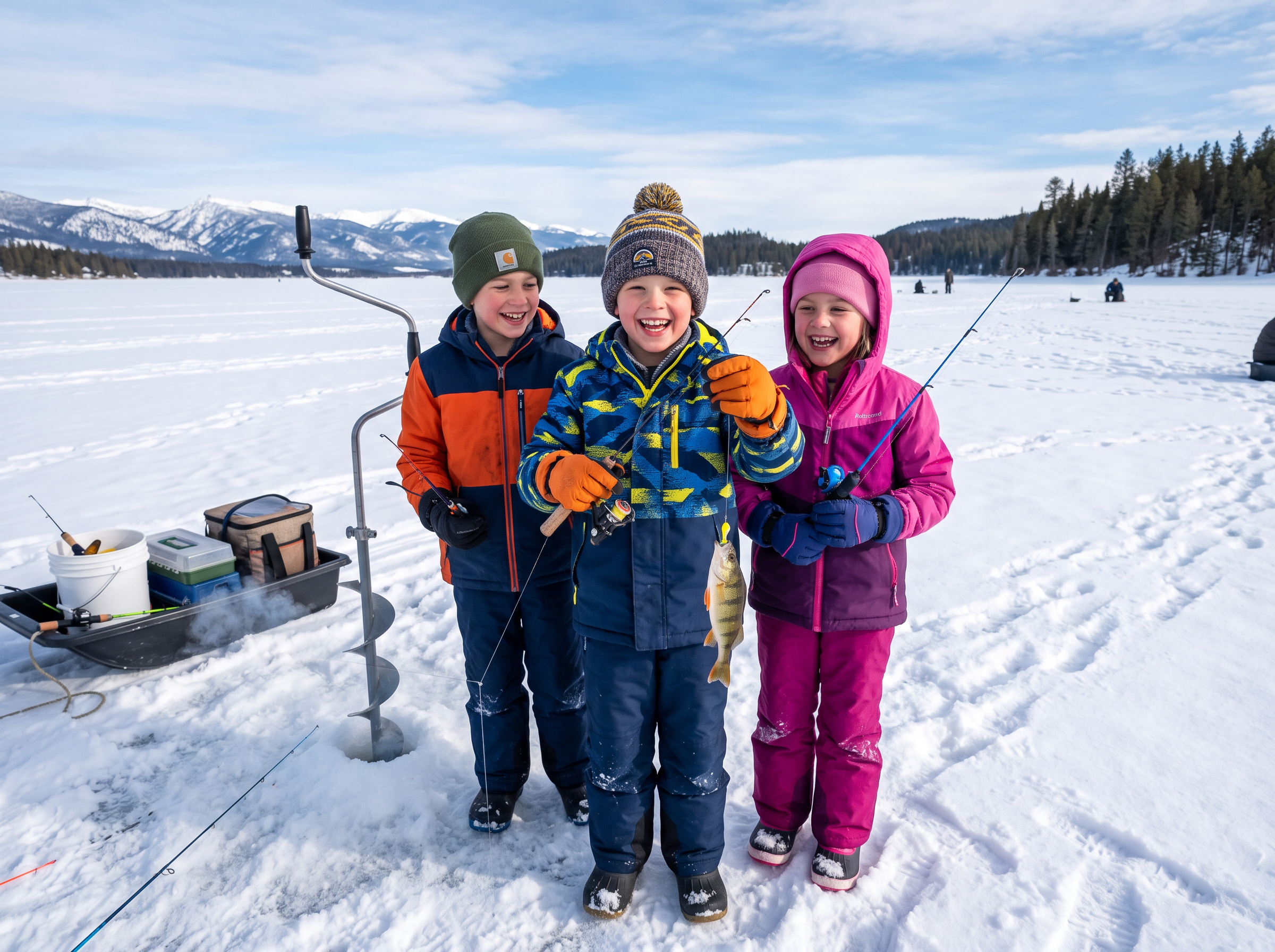 Three children holding ice fishing rods with excitement