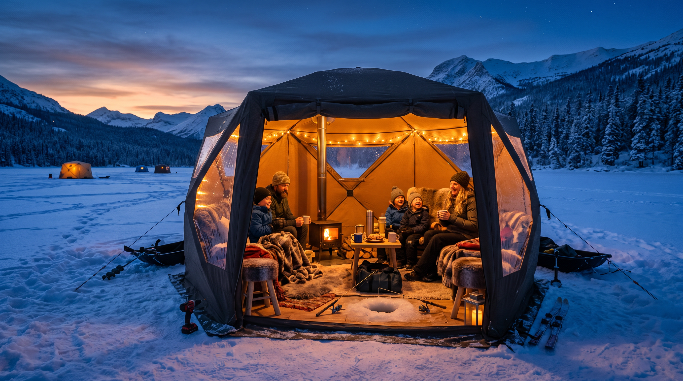 Luxury ice fishing tent on frozen lake