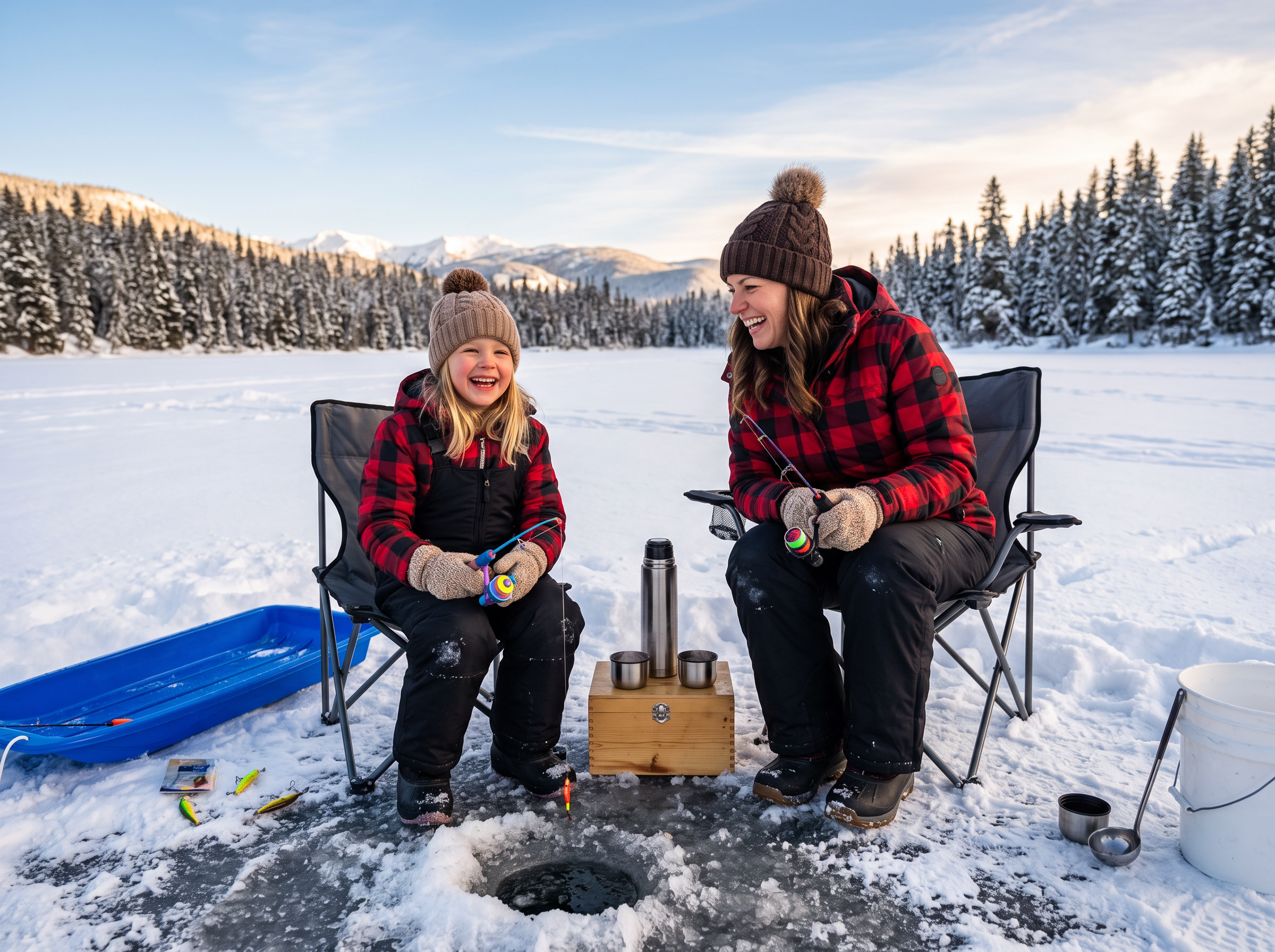 Mother and daughter ice fishing together